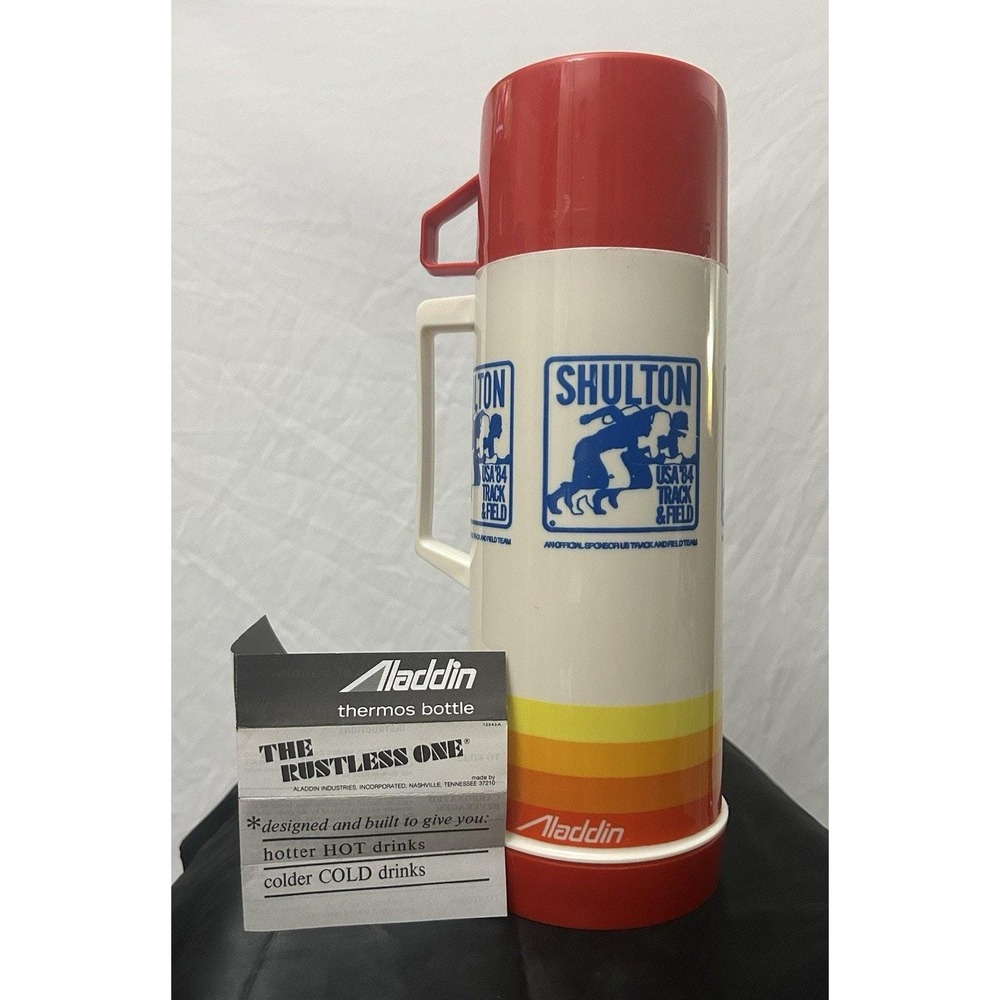 Vintage 1984 Aladdin Shulton USA Track Field Thermos W/ Paperwork Carl Lewis LA